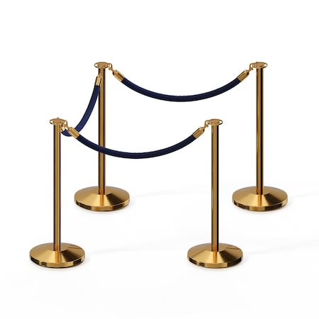 Stanchion Post And Rope Kit Pol.Brass, 4 Flat Top 3 Dark Blue Rope